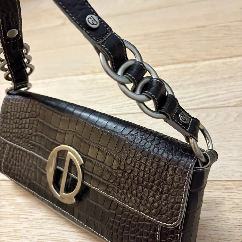 Charles David Dark Brown Croc-Embossed Shoulder Bag with Silver Hardware - Picture 2 of 5